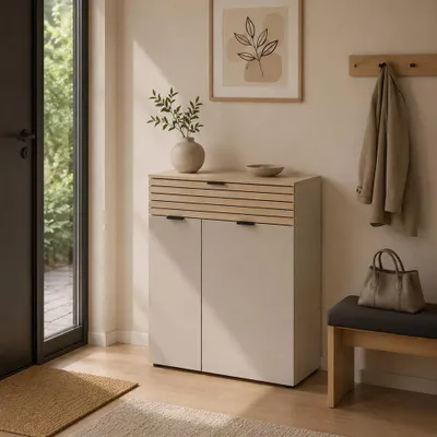 Produktbild von Garderobe Schuhschrank, 78 cm breit, in Kaschmir Beige mit Eiche, 1 Schublade & 2 Türen, Softclose, Lamellenoptik - ISCHIA-36