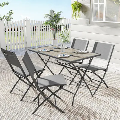 Produktbild von SUGIFT Gartenmöbel Set klappbar, Sitzgruppe 5-teilig, Stahl Netzstoff Holzoptik, Grau | 112x67x71 cm | 4 Stühle + Tisch | platzsparend