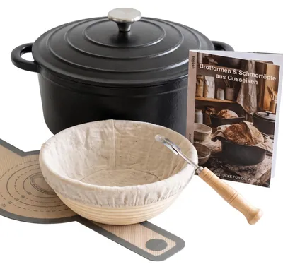 Produktbild von osoltus Brotback Schmortopf Set Gusseisen Topf 26cm 5,9 Liter Emaille Schwarz