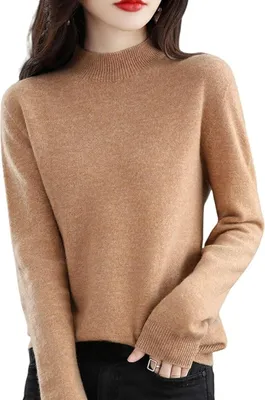 Produktbild von ASKSA Damen Leichter Pullover mit Stehkragen Langarm Strickpullover Pulli Sweatshirt Solid Weich Oberteile, Braun, M