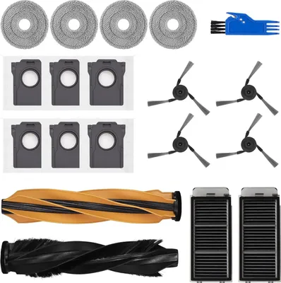 A collection of robot vacuum cleaner accessories laid out on a white background.