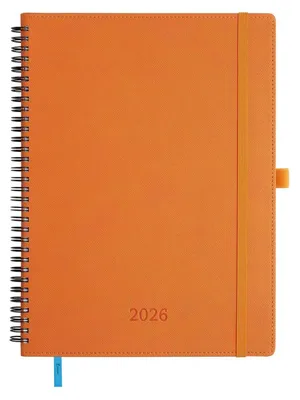 Immagine prodotto di Calendario 2026, formato A4, raccordo a spirale, pianificatore settimanale (1 settimana per 2 pagine), rivestito in ecopelle, colore arancione, dimensioni 29x21,7 cm, carta da 100 g/m², con anello per penna