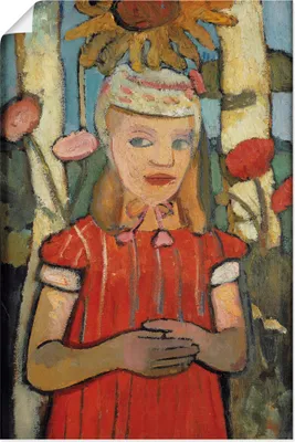 Produktbild von ARTland Poster Mädchen in rotem Kleid vor Sonnenblume. Größe: 30x40 cm