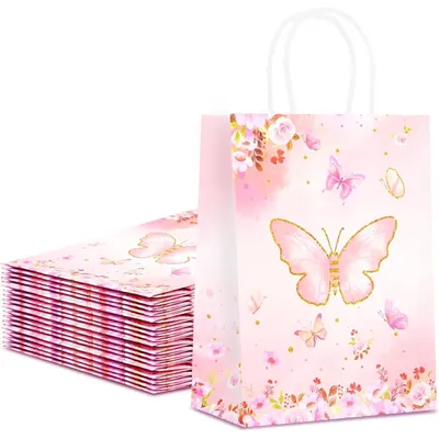 Immagine prodotto di Sacchetti di carta con maniglia, 20 pezzi, 21x15x8 cm, color rosa con motivo farfalle, in carta kraft, ideali per regali e feste