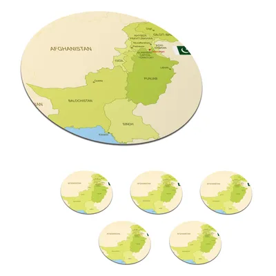 Obrázok produktu pre MuchoWow® Okrúhly sklenený podšálok, sada 6 ks Ilustrácia mapy Pakistanu a jeho provincií 10x10x0.3cm Podložky pod poháre - podložky pod nápoje -