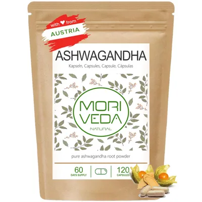 Produktbild von Moriveda Ashwagandha Kapseln – 120 Stück – 1000 mg Wurzelpulver – 22 mg Withanolide pro Tagesdosis – vegan – aus Indien
