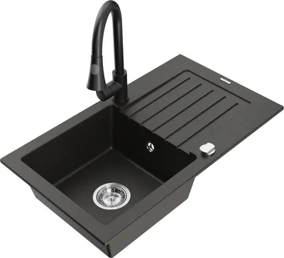 Produktbild von Mexen Pablo 1 Becken-Granitspüle mit Abtropffläche und Mischbatterie Elia, Schwarz/Gold metallisch - 6510-75-670101-70
