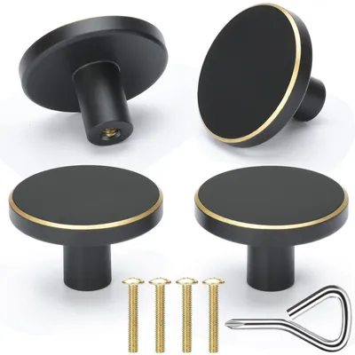 Produktbild von Runde Möbelknöpfe aus Messing, Schrankknöpfe, Schubladenknöpfe aus Messing, runde Küchenknöpfe für Schlafzimmer und Badezimmer (schwarz + gold)