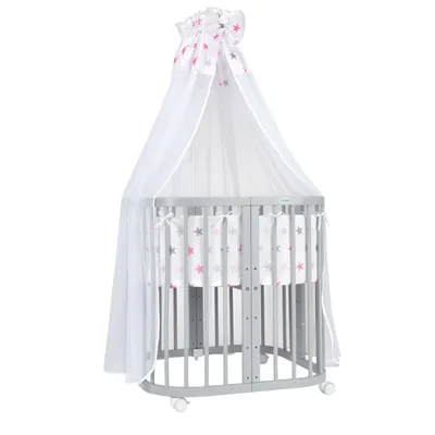 Produktbild von Waldin Babybett Kinderbett 7in1 mit Matratze, mitwachsendes Kinder-Bett,Stoffe Sterne pink,Holz grau