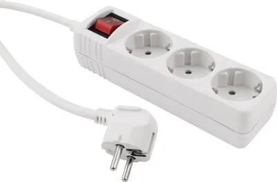 A white 3-way power strip with a red switch and a white plug is shown against a white background.
