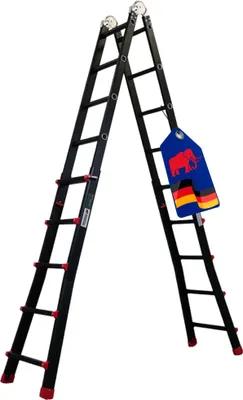 A black multi-purpose ladder is shown against a white background. A tag with an elephant logo and the German flag colors is attached to the ladder.