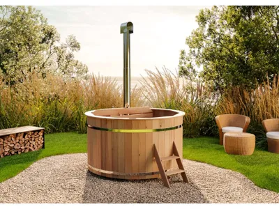Produktbild von Finntherm Holz Badefass Bergen, Hot Tub Ø 200 x 110 cm, inkl. Edelstahl-Ofen 22 kW und Einstiegsleiter, 6-8 Personen, Schwimmbecken, Badebottich, Sprudelbad