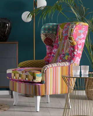 Produktbild von Beliani Ohrensessel, Patchwork Retro-Stil, Fuchsia Weiß, Stoff Holz, Wohnzimmer, B 70 cm H 100 cm T 80 cm, hoher Komfort, pflegeleicht, stabiles Gestell, Unikat, Beine nicht montiert