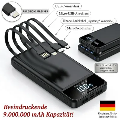 Produktbild von Powerbank mit 4 Kabeln und 2 USB Ports, Fast Charge, Externer Akku mit LCD Display, LED Taschenlampe für Smartphone Tablet