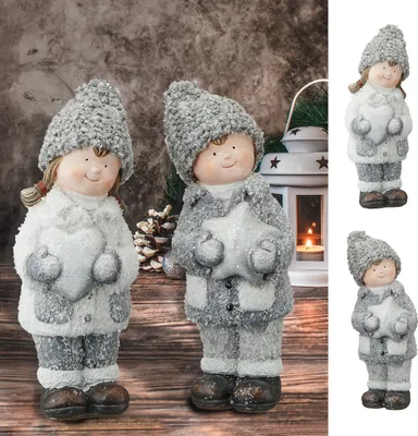Produktbild von Winterkinder Junge Mädchen H21cm Kinderpaar Paar Terracotta Polyester Frostlook Herz Stern Winterdekoration Dekofigur