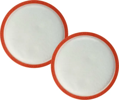 Two circular white filters with orange trim, placed on a white background.