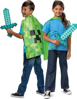 Produktbild von Disguise Minecraft Diamantschwert & Creeper-Umhang Verkleidungs-Accessoire-Set, offiziell lizenziert von , inklusive Spielzeugschwert & Kostümumhang, Pixel-Details, inspiriert vom Minecraft-Film, Einheitsgröße, Karnevalskostümrüstung & -Waffen, Kind, Uni, 6 Jahr(e), Drinnen/Draußen, Minecraft