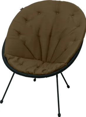 A brown cushion on a black chair with black legs, isolated on a white background.