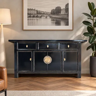 Productafbeelding van Zijtafel, commode, kast, salontafel, Aziatisch meubel, compleet gemonteerd, Chinees, Aziatisch, oosters, zwart, buffet, servieskast, vintage stijl