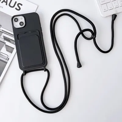 Produktbild von Mobigear Lanyard Card iPhone 15 Silikon Handykette mit Kartenhalter - Schwarz