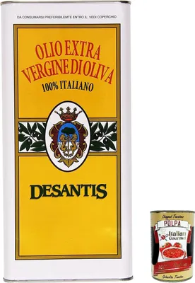 A large can of olive oil and a small can of chopped tomatoes are displayed side-by-side against a white background.
