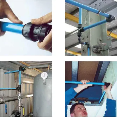 A collage of four images showing the installation and use of a pipe connection system.
