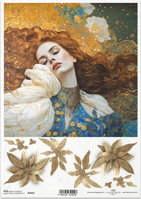 Produktbild von ITD Reispapier Decoupage Bastelpapier Serviettentechnik-R2403 dekorative weibliche Blumenmuster - Inspiriert von Klimt