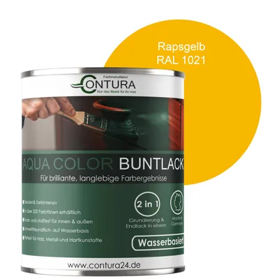 Produktbild von Contura 750ml. Buntlack Lackfarbe Lack Außen Innen Holz Metall Farbe Holzlack Möbellack - Seidenmatt - RAL 1021 Rapsgelb