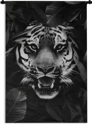 Produktbild von MuchoWow® Wandteppich Wandbehang Tiger zwischen den Blättern - schwarz und weiß 60x90 cm Tapisserie Dekoration Wandtuch - Foto-Teppich - Abwaschbar