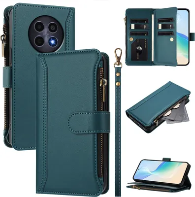 Image de Étui pour Realme 12 5G/Realme 13 5G/Realme C65 5G, zippé, étui portefeuille à rabat en cuirPolyuréthaneavec poches pour cartes, support et boucle pour la main vert