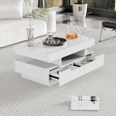 Produktbild von okwish Couchtisch Rechteckig, LED-Hochglanz Beistelltisch für Schlafzimmer, Wohnzimmertische mit Stauraum fürs Wohnzimmer, Beistelltisch mit vier Schubladen,Weiß