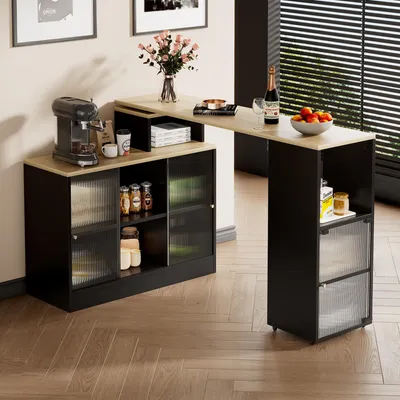 A modern bar cart with a coffee machine and drinks, set up in a home environment.
