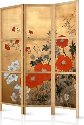 Zdjęcie produktu dla Parawan 135x172 cm 3-częściowy jednostronny elegancki parawan do pokoju ścianka działowa ścianka działowa do pokoju drewniany motyw deco domowe biuro botanika abstrakcyjna natura b-H-10005-bh-a