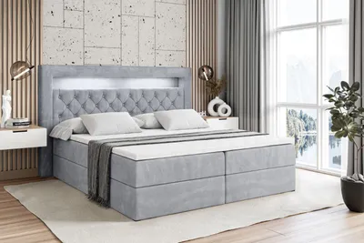 Produktbild von ALTDECOR Boxspringbett mit Matratze (20 cm hoch) und Topper (4 cm hoch), Polsterbett mit Kopfteil, Bettkasten und LED Licht - NOEL GOLD - 160x200 - H3 / Hellgrau Samt