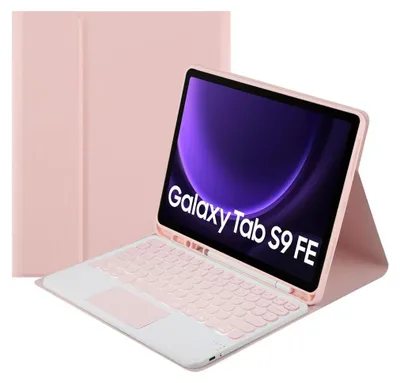 A pink tablet case with an attached keyboard and touchpad is displayed.