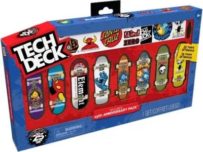 A box containing a collection of Tech Deck fingerboards, celebrating their 25th anniversary.