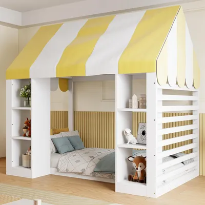 Obrázek produktu pro Dětská postel STILVORA, rozměry 90x200 cm, v rustikálním stylu s baldachýnem, samostatná postel s otevřeným úložným prostorem, dřevěná postel s dřevěnou konstrukcí, bílá barva