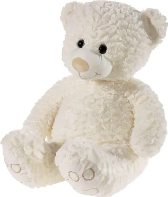 A cream-colored teddy bear sitting on a white background.