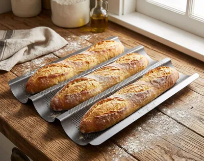 Produktbild von Schramm® Baguetteblech Baguette- Backblech Baguetteblech Backform mit Antihaftbeschichtung für 3 Baguettes 38,5 x 28,5 cm