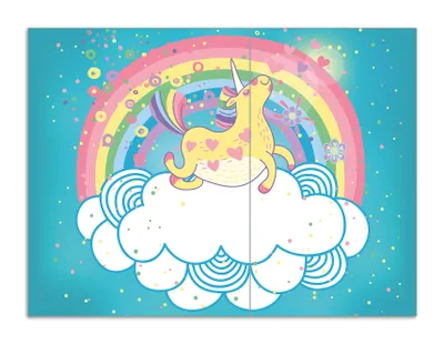 Produktbild von Wallario Herdabdeckplatte aus Glas, Größe 70 x 52 cm 2-teilig, Motiv Lustiges Einhorn auf einer Wolke vor Regenbogen