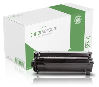 A toner cartridge is shown in front of its packaging box, which has branding and certification seals.