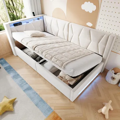 Obrázek produktu pro Postel STILVORA, čalouněná, rozměr 90x200 cm, s úložným prostorem a hydraulickým zvedacím mechanismem, sametová postel s LED osvětlením a USB/Type-C porty, jednolůžko s roštovou základnou