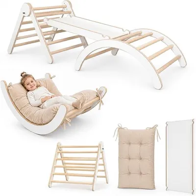 Imagen del producto de Estructura de escalada, triángulo de escalada, set 4 en 1 para interior. Arco de escalada Montessori con cojín, parque infantil para interior