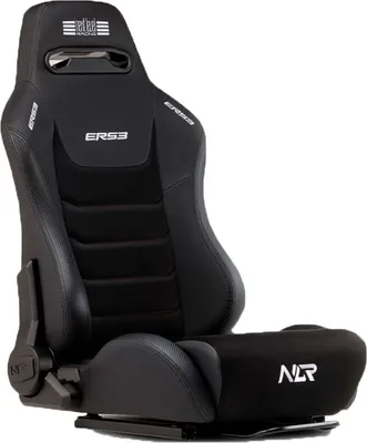 A black racing seat is shown against a white background.
