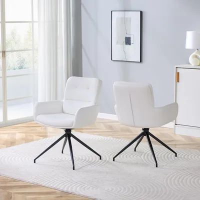 Produktbild von 2er-Set 360° drehbare Esszimmerstühle, weißes Kunstleder, schwarze Metallbeine, 85 cm