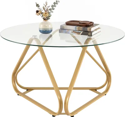 Image de Table basse COSTWAY, table en verre trempé et structure métallique, table de salon 80 cm, table basse pour salon, chambre et bureau, dorée