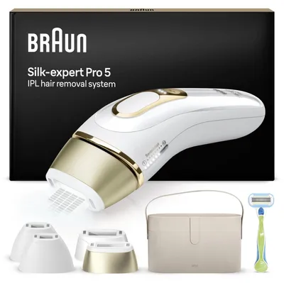 Produktbild von Braun Silk Expert Pro 5 PL5431 IPL-Gerät zur Haarentfernung im Gesicht und am Körper, 400.000 Impulse, 3 Intensitätsstufen, 4 Aufsätze, Weiß/Gold