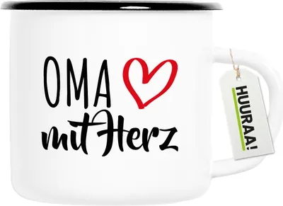 Produktbild von Huuraa Emaille Tasse Oma mit Herz 300ml Vintage Campingbecher Geschenkidee