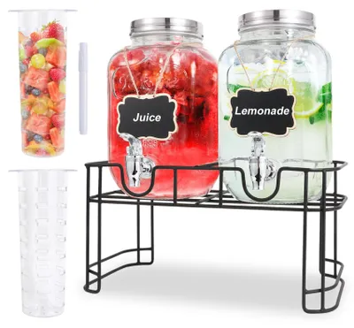 Immagine prodotto di Elzusha - Dispenser per bevande in vetro con rubinetto e infusore per frutta, capacità 2 x 4 litri