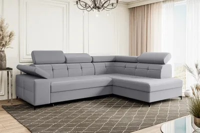 Produktbild von MEBLINI Schlafcouch mit Bettkasten - Ecksofa mit Schlaffunktion - Sofa mit Relaxfunktion und Kopfstützen - Couch L-Form - Eckcouch - Wohnlandschaft - BERGAMO - 274x203x83cm Rechts - Hellgrau Samt